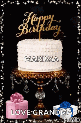 A Happy Birthday Greeting Card With A Cake And Gifts For Marissa GIF