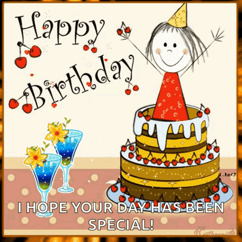 A Happy Birthday Greeting Card With A Cake And Two Glasses GIF