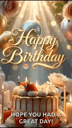A Happy Birthday Greeting Card With A Cake , Candles , And Balloons . GIF
