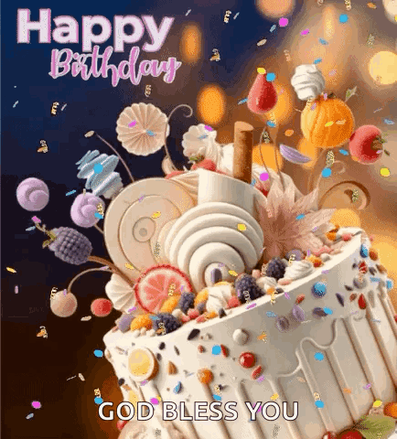 A Happy Birthday Greeting Card With A Cake Covered In Candy And Confetti And The Words `` God Bless You '' . GIF