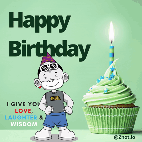 A Happy Birthday Greeting Card With A Cartoon Character And A Cupcake GIF