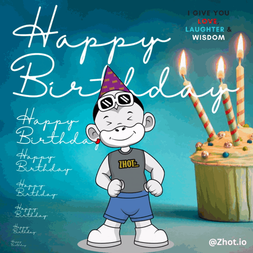 A Happy Birthday Greeting Card With A Cartoon Character And A Cupcake GIF