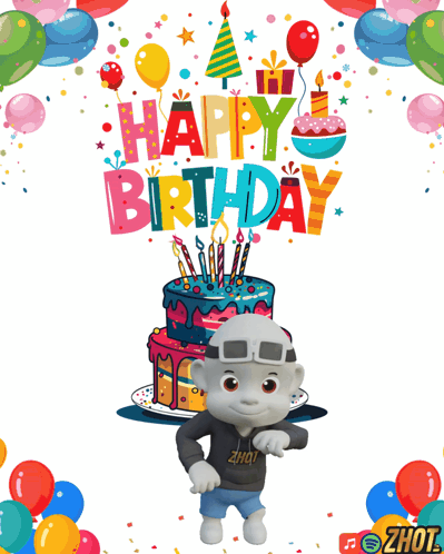 Birthday Card With Cartoon Character, Cake, And Balloons GIF