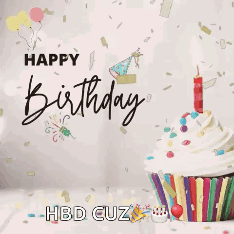 A Happy Birthday Greeting Card With A Cupcake And A Candle GIF