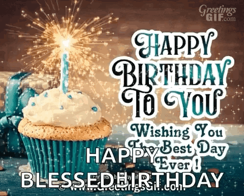 Happy Birthday Card With Cupcake And Candle GIF