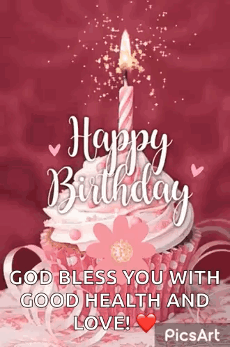 A Happy Birthday Greeting Card With A Cupcake And A Candle On It . GIF