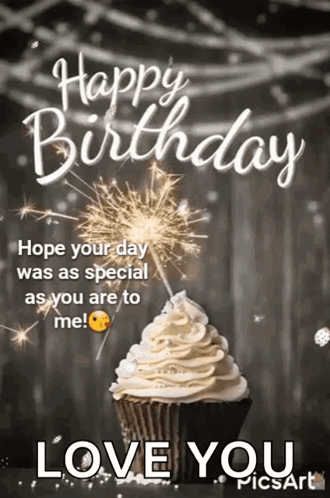A Happy Birthday Greeting Card With A Cupcake And A Sparkler GIF