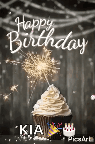 A Happy Birthday Greeting Card With A Cupcake And Sparklers . GIF