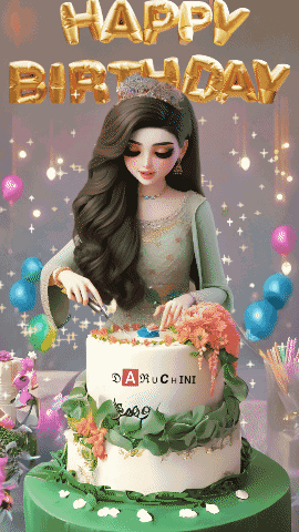 A Happy Birthday Greeting Card With A Doll On A Cake GIF