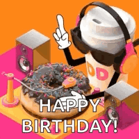A Happy Birthday Greeting Card With A Donut And A Cup Of Coffee GIF
