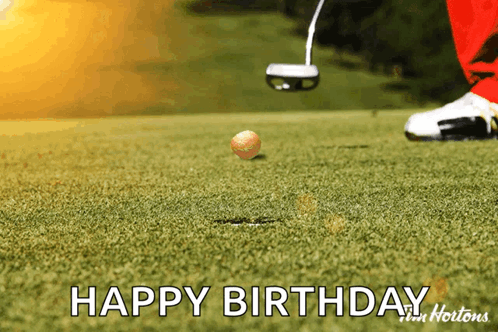 A Happy Birthday Greeting Card With A Golfer Swinging A Golf Club At A Golf Ball GIF