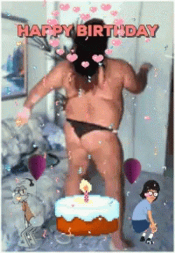 A Happy Birthday Greeting Card With A Man In A Bikini GIF