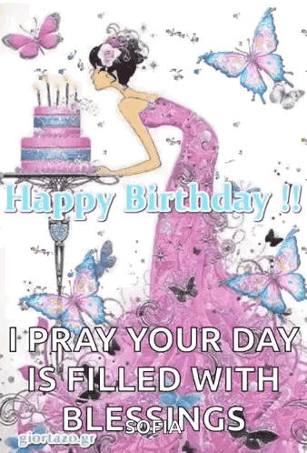 A Happy Birthday Greeting Card With A Woman In A Pink Dress Standing In Front Of A Cake Surrounded By Butterflies . GIF