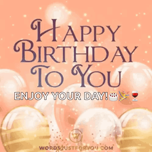 A Happy Birthday Greeting Card With Balloons And A Cake GIF