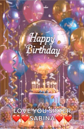 A Happy Birthday Greeting Card With Balloons And A Cake GIF