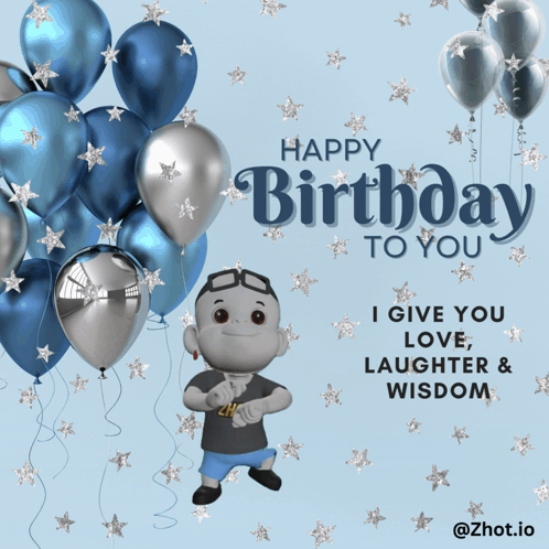 A Happy Birthday Greeting Card With Balloons And A Character That Says " I Give You Love Laughter And Wisdom " GIF