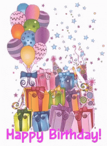 A Happy Birthday Greeting Card With Balloons And Gifts GIF