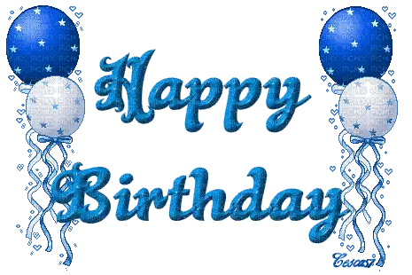 a happy birthday greeting card with blue balloons