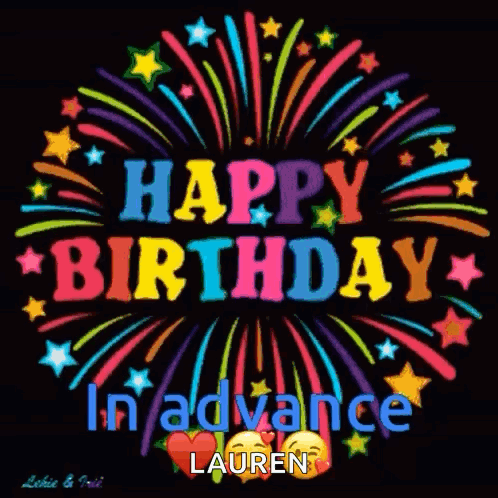 A Happy Birthday Greeting Card With Colorful Fireworks And The Name Lauren GIF