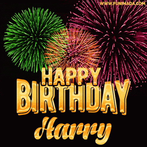 A Happy Birthday Greeting Card With Fireworks Behind It GIF