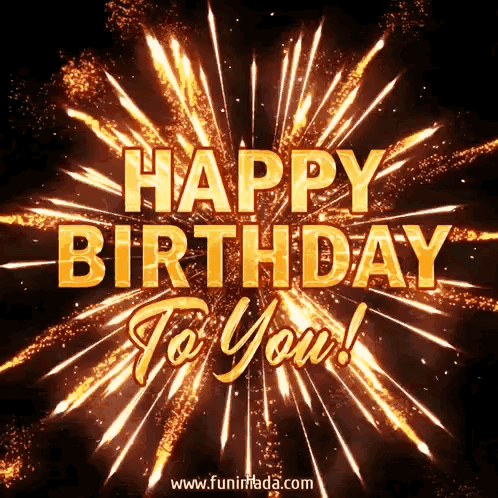 a happy birthday greeting card with fireworks behind it