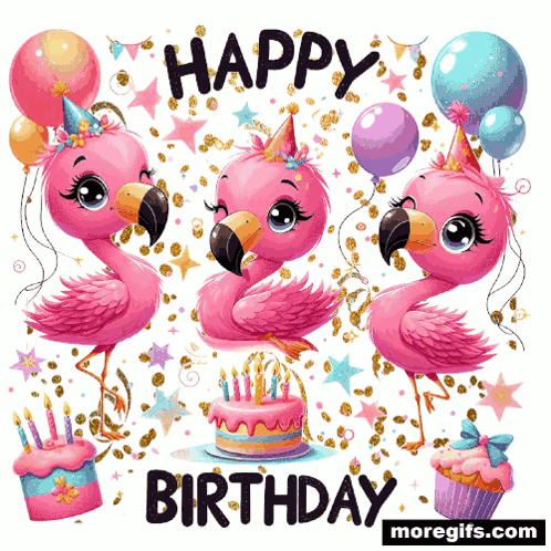 A Happy Birthday Greeting Card With Flamingos And Balloons GIF