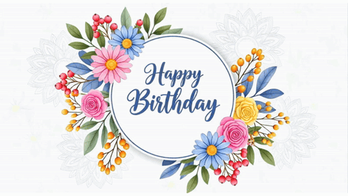 A Happy Birthday Greeting Card With Flowers And Leaves GIF