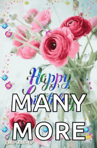 A Happy Birthday Greeting Card With Pink Flowers GIF