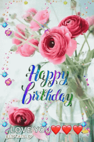 A Happy Birthday Greeting Card With Pink Roses In A Vase GIF