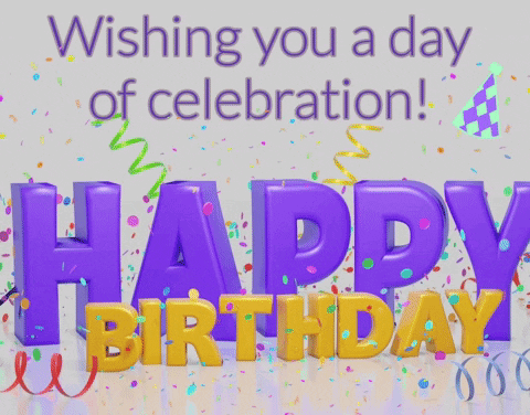 A Happy Birthday Greeting Card With Purple And Gold Letters GIF