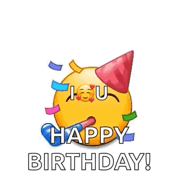 A Happy Birthday Greeting Card With Smiley Faces Wearing Party Hats . GIF