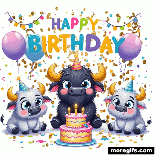A Happy Birthday Greeting Card With Three Bulls And A Cake GIF