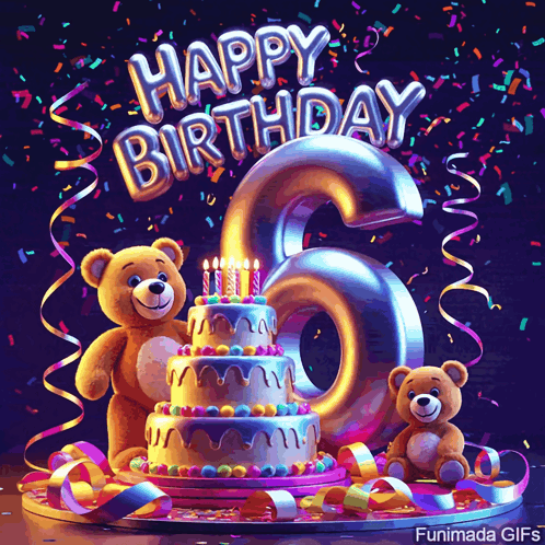 A Happy Birthday Greeting With A Cake And Two Teddy Bears GIF