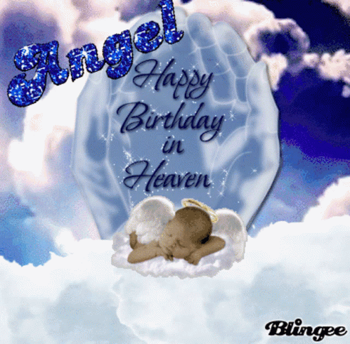 A Happy Birthday In Heaven Card With A Baby Angel Sleeping In The Clouds GIF