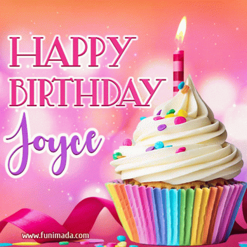 A Happy Birthday Joyce Card With A Cupcake And A Candle GIF
