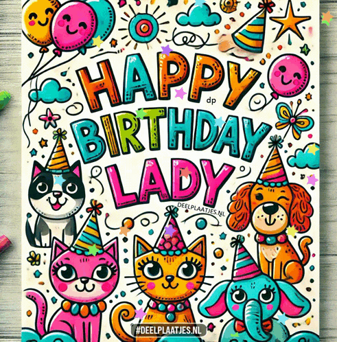 A Happy Birthday Lady Greeting Card With Cats And Dogs GIF