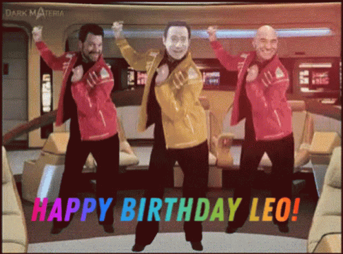 A Happy Birthday Leo Greeting Card With Three Men Dancing GIF