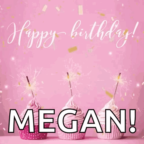 A Happy Birthday Megan Greeting Card With Pink Cupcakes And Sparklers GIF