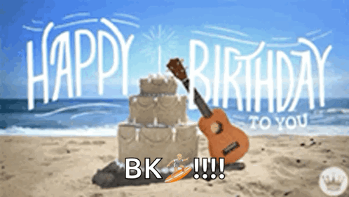 A Happy Birthday Message With A Cake And A Guitar On The Beach GIF
