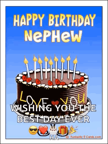 A Happy Birthday Nephew Greeting Card With A Cake And Candles GIF