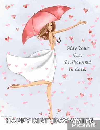 A Happy Birthday Sister Card With A Woman Holding An Umbrella . GIF