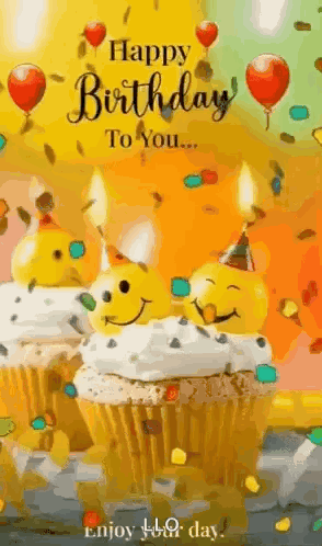 A Happy Birthday To You Greeting Card With Cupcakes , Candles And Confetti . GIF