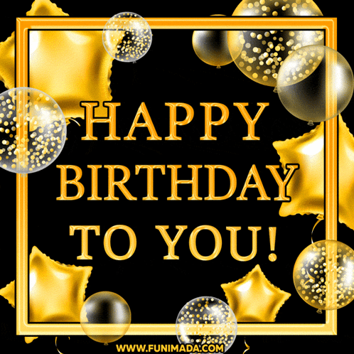 A Happy Birthday To You Greeting Card With Gold Balloons On A Black Background GIF