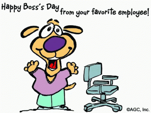 A Happy Boss 'S Day Greeting Card With A Dog And A Chair GIF