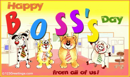 A Happy Boss 'S Day Greeting Card With Cartoon Characters Holding Balloons GIF