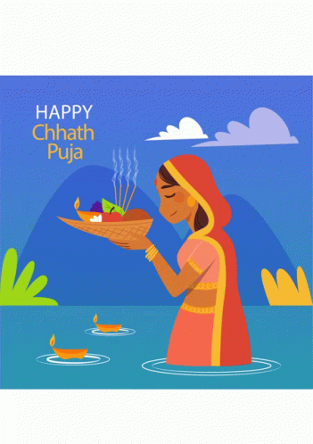 A Happy Chhath Puja Greeting Card With A Woman In A River GIF