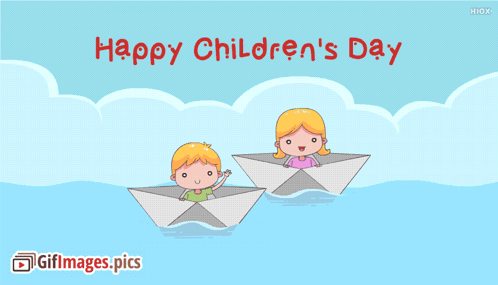 A Happy Children 'S Day Greeting Card With A Boy And Girl In Paper Boats GIF