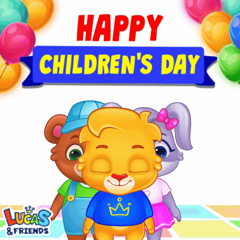 A Happy Children 'S Day Sign With A Lion And A Rabbit GIF