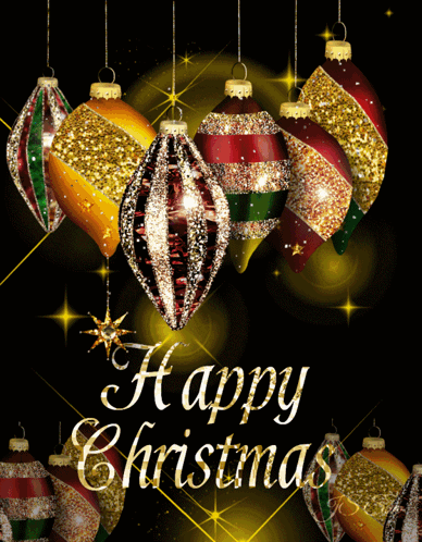 A Happy Christmas Card With Christmas Ornaments Hanging From Strings GIF