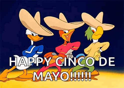 A Happy Cinco De Mayo Greeting Card With Three Cartoon Characters Dancing GIF